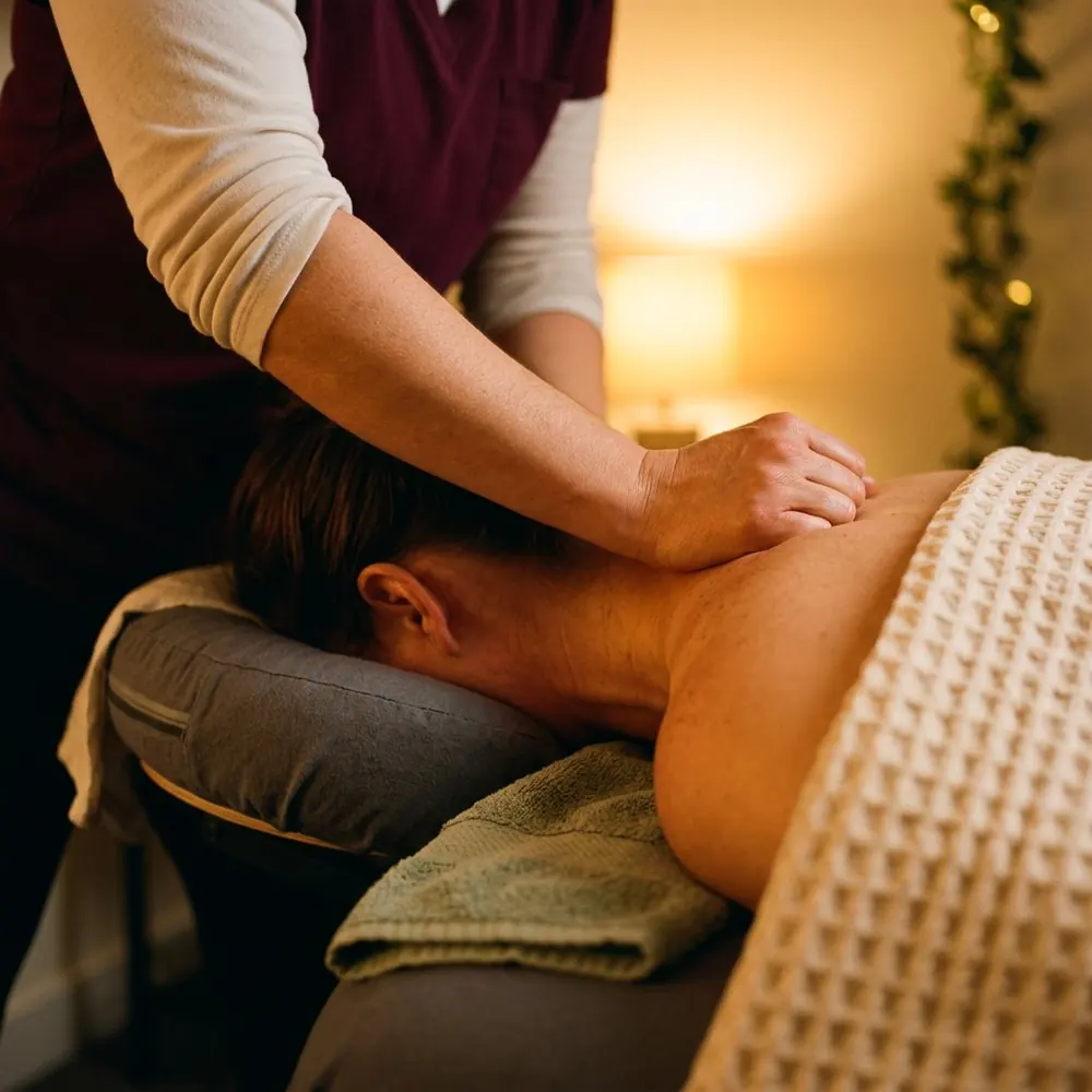 A therapist working the neck and shoulder of a client resting face down