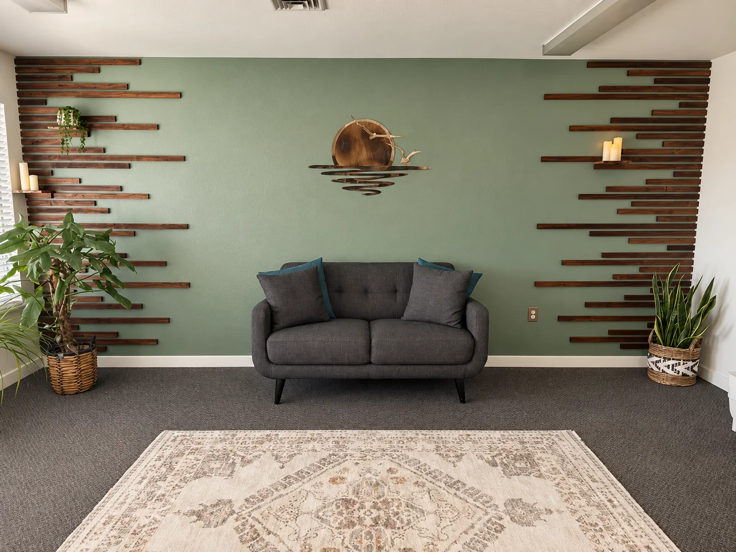 Lobby with a sage green wall, warm wood slats, a mountain and moon wall piece and a gray sofa
