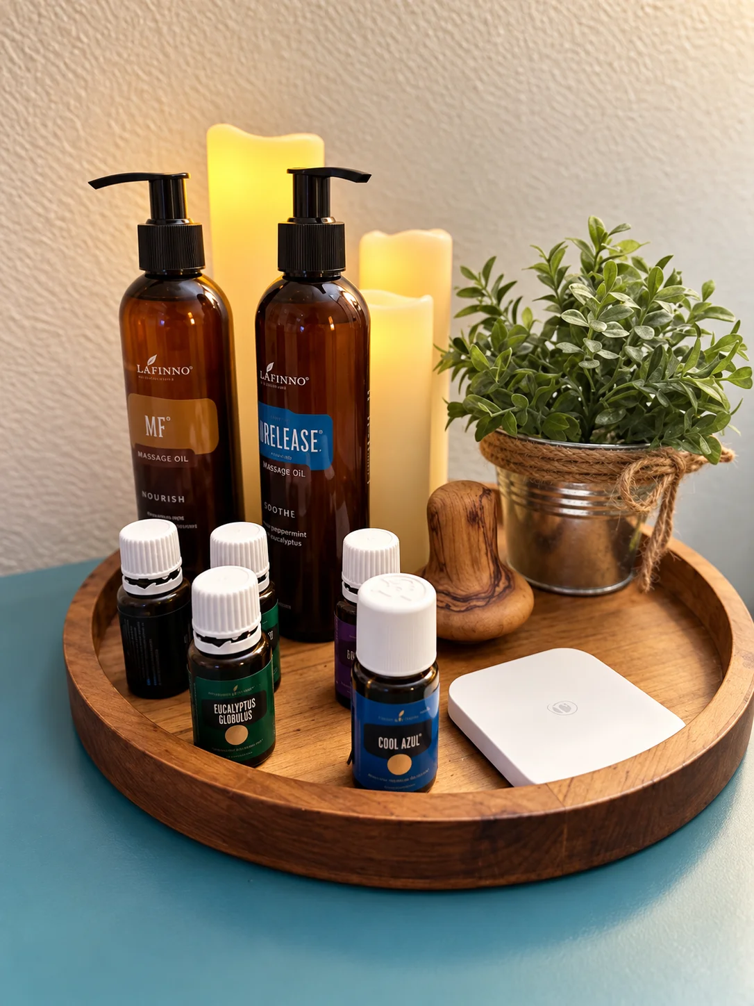 Massage oils, essential oil bottles and candles on a round wooden tray